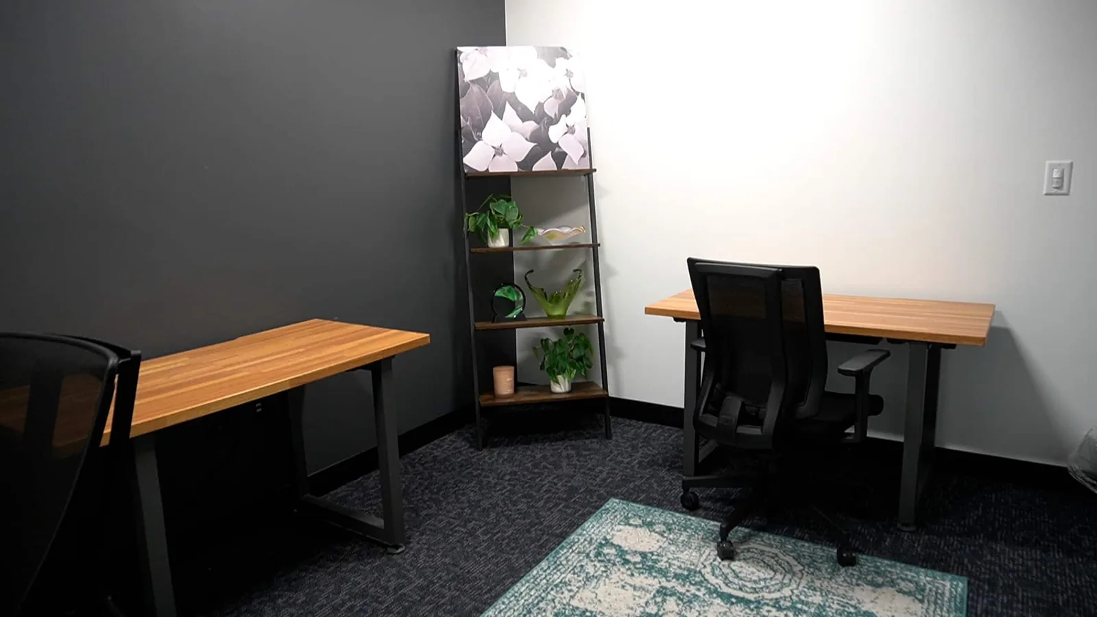 A dedicated desk suite at SA Cowork in San Antonio with reserved desks, storage and an ergonomic chair